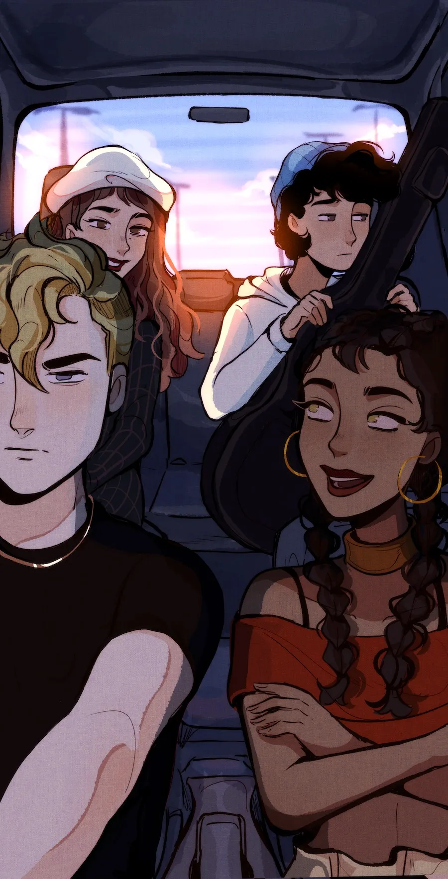 The cast inside X's truck